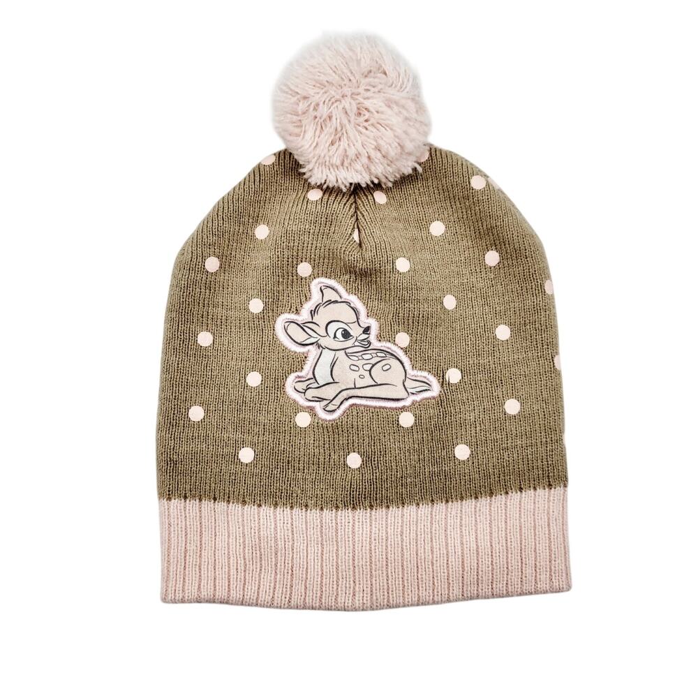 Disney Baby Bambi Pink & Brown Polka Dot Pom Pom Knit Beanie Hat Toddler OS